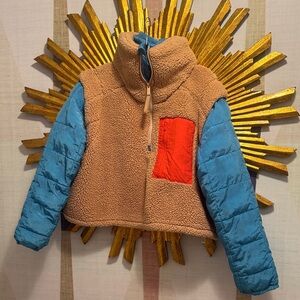 Free People Movement scenic route color block half zip pullover. Blue/Red/Sherpa